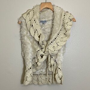 Cream Crochet Furry Bohemian Neutral Cardigan Vest